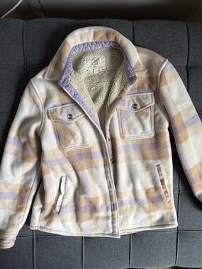 Sage Kids Plaid Sherpa Jacket in Cream, Lavender & Tan